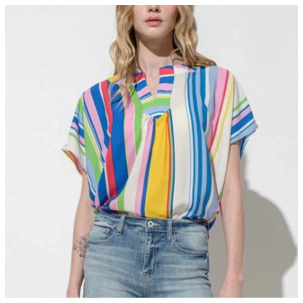 37 Boho Multi Color Loose Fit V-neck Blouse - Picture 5 of 6
